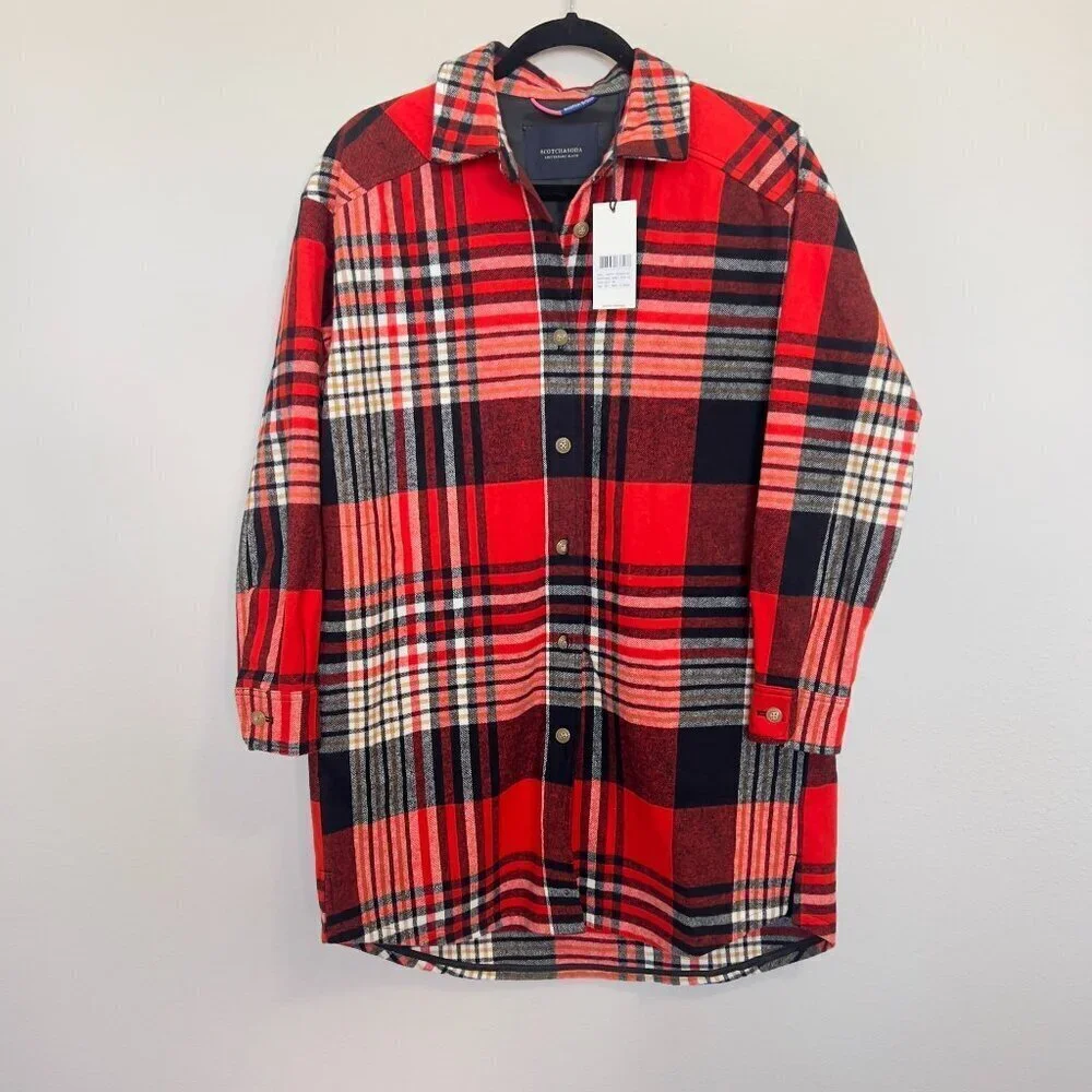 NEW Scotch & Soda Oversized Checked Overcoat Size XS Color Red Black - Picture 5 of 8